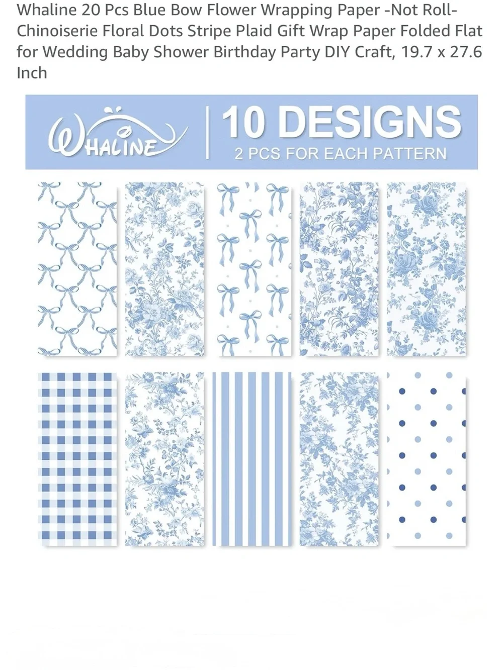 Whaline Blue Bow Floral Chinoiserie Wrapping Paper 20 Sheets Coquette NWT
